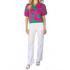 Floral Knit Women's Blouse in Green and Pink